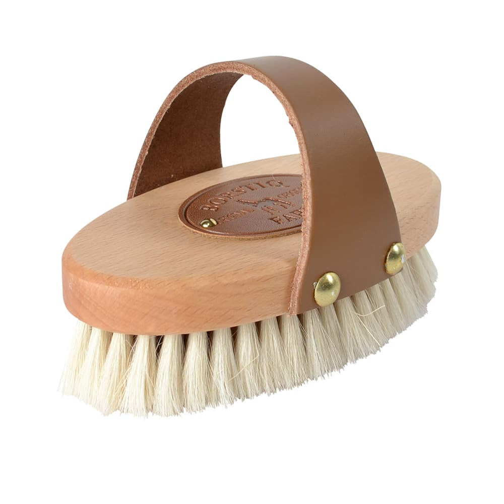 Borstiq Brosse de finition en poils de chèvre avec poignée en cuir, dernière étape du pansage, finition soignée