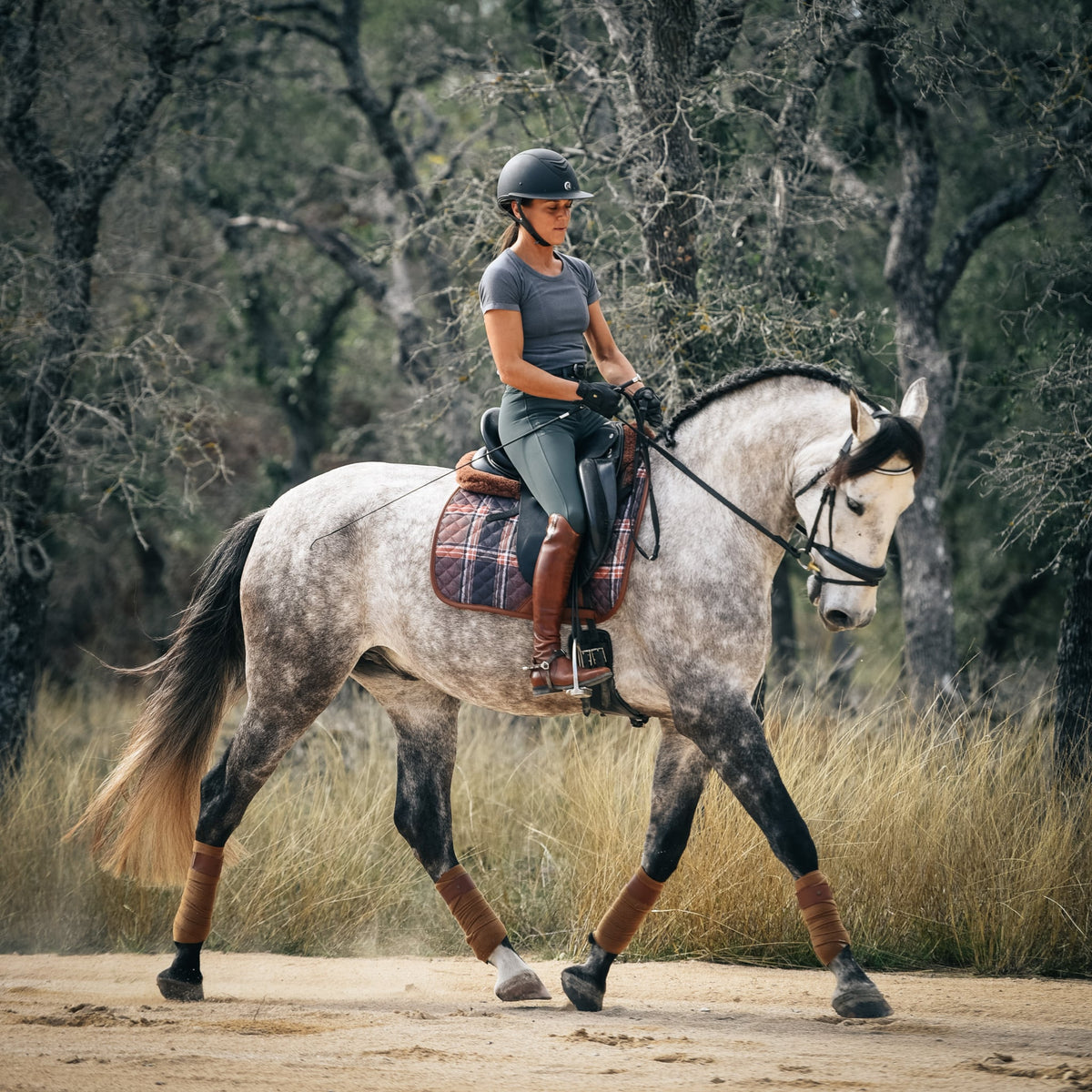 16C Tapis de dressage Heritage Check, respirant, évacue l'humidité, bordure en cuir végan