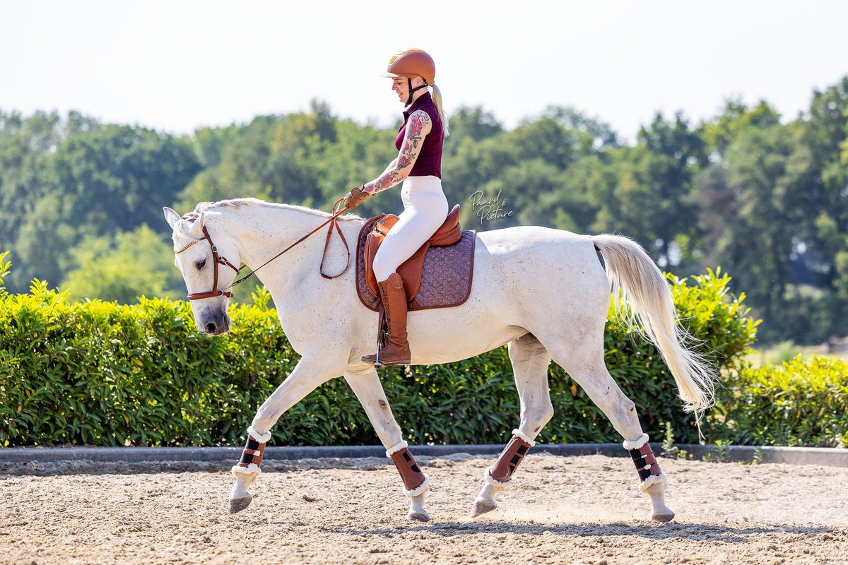16C Tapis de dressage Heritage Tweed-look, respirant, évacue l'humidité, bordure en cuir végan