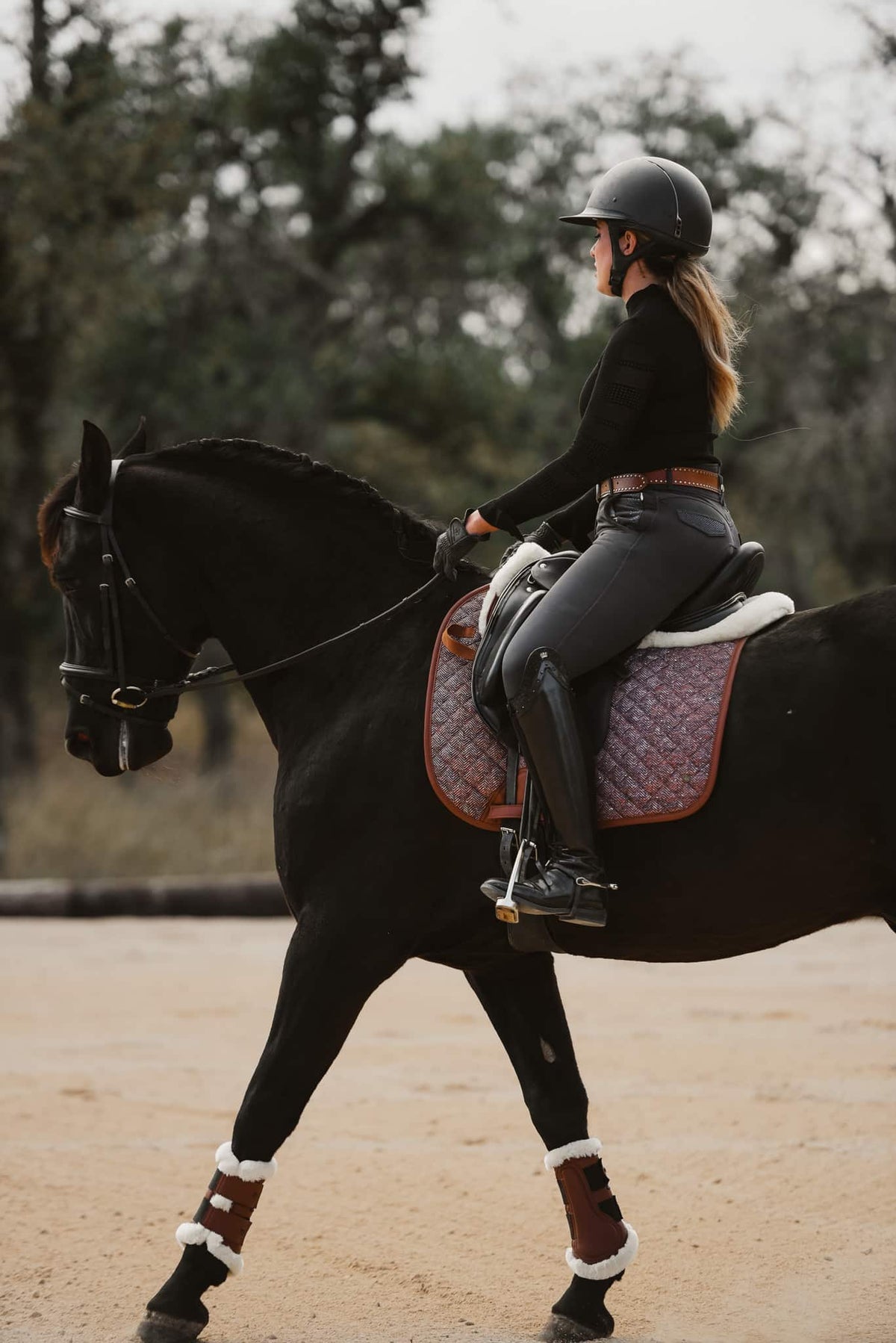16C Tapis de dressage Heritage Tweed-look, respirant, évacue l'humidité, bordure en cuir végan